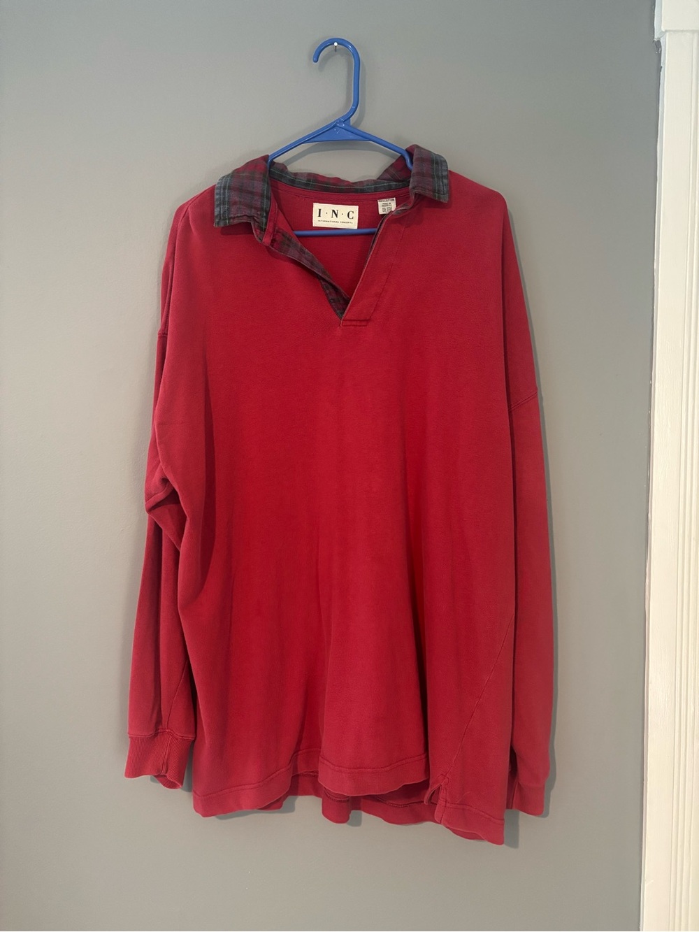 INC International Concepts Red Long-Sleeve Polo Shirt with Plaid Collar
